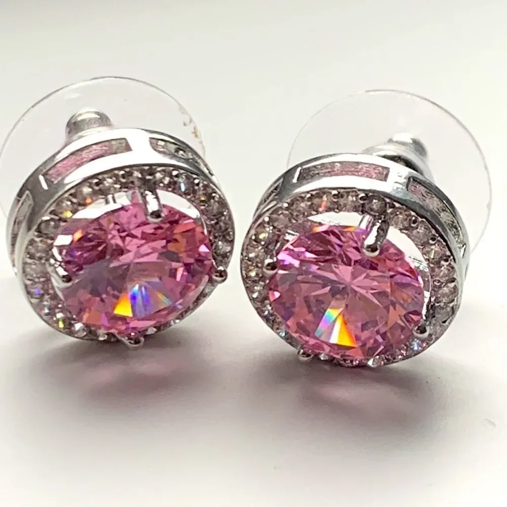 Big Bold Pink Power Crystal Round Studs with CZ Halo, Luxury Designer Style Gift
